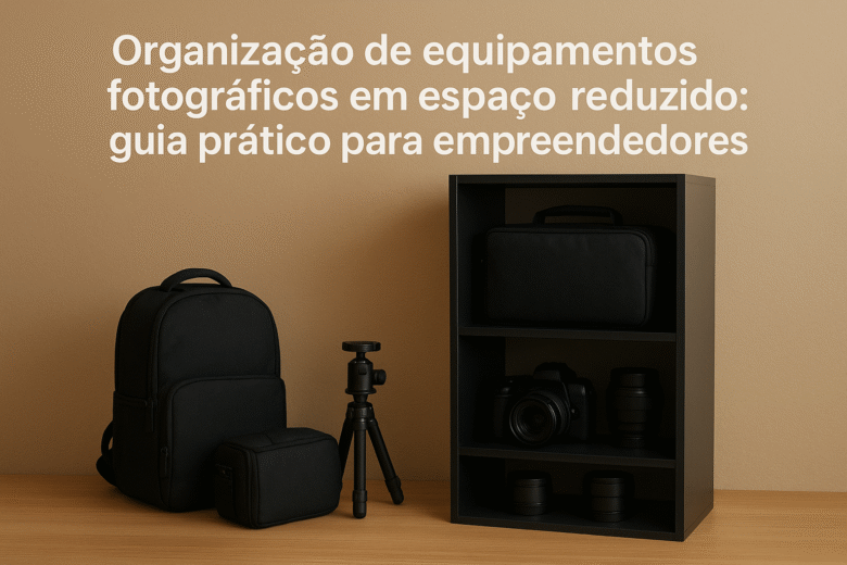 Organização de equipamentos fotográficos em espaço reduzido